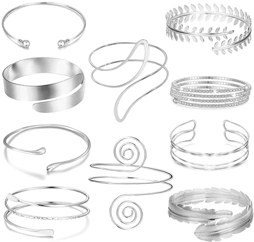 10 Pcs Arm Cuff Bracelets for Women Upper Arm Bands Armband Armlet Cuff Bangle Bracelet Open Adjustable Gold Silver Arm Bracelet Set