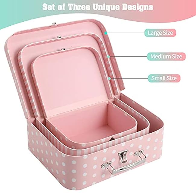 Set of 3 Paperboard Suitcases Storage Box Storage for Photo Storage Home Decoration, Wedding, Birthday, Anniversary and New Year Gift Decoration (3Pcs, Pink Dots and Stripes)