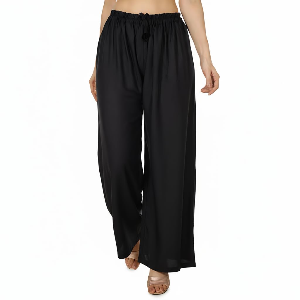 Women Solid Black Rayon Palazzo Pants, Wide Leg Flowy Fit, Elastic Drawstring Waist, Casual Office Ethnic Wear-image-33