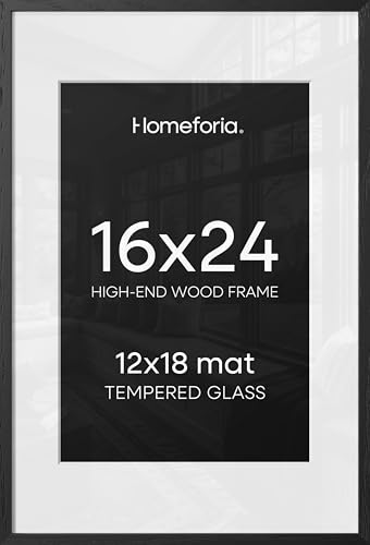 Image of Homeforia 16x24 Black Wood Frame, High End Oak 16x24 Picture Frames with Mat 12x18 Photo, 16 x 24 Wooden Poster Frame Matted to 12 by 18 Print, 24x16 Hanging Frames, Tempered Glass, Wall Kit, Set of 1