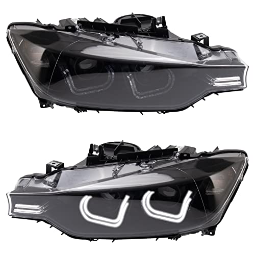 TRQ 2 Piece Headlight Assembly Set Performance Halogen LED C Light Bar Black Bezel Driver & Passenger Side Compatible with BWM 328i 335i 2012-2015 BM2502169 BM2503169