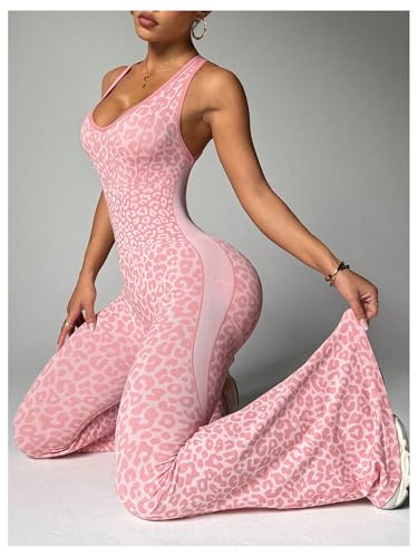 Image of Verdusa Women's Cheetah Print Workout Sets Yoga Jumpsuit Criss Cross Sleeveless Work Out Clothes Flared Pants Jumpsuits