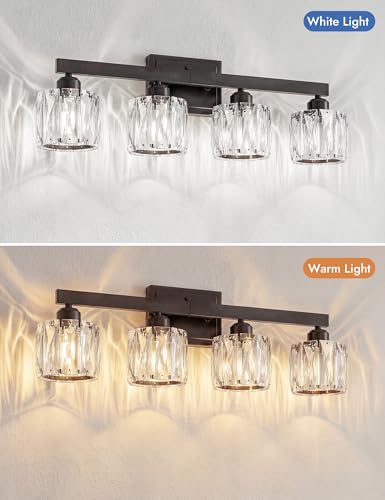 Image of VOLISUN Crystal Vanity Lights for Bathroom, 4 Light Bathroom Vanity Light, Modern Matte Black Bathrooms Light Over Mirror, Black Bathrooms Lights Fixtures-UL Certificated(Exclude Bulb)