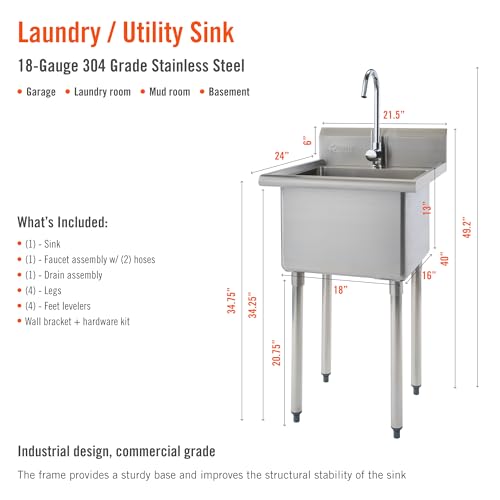 TRINITY BASICS Fregadero independiente de acero inoxidable con grifo cromado, certificado NSF, para garaje, lavandería y cocina, 21.5 x 24 x 49.2 pulgadas - Vista 4