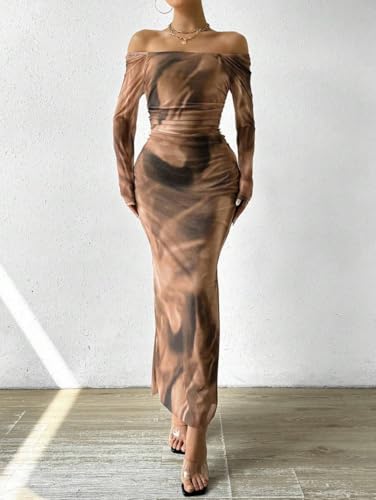 Image of LIGHT DOT Women's Printed Off Shoulder Maxi Dress Long Sleeve Bodycon Ruched Mesh Cocktail Dress