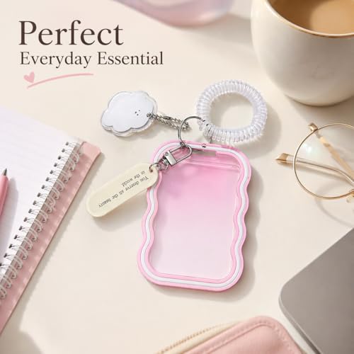 Image of Street27 Cloud Shape Photo Card Holder with Keychain Pendant | Transparent ID Badge Case with Wrist Strap | Silicone Protective Card Cover for Office, School & Travel (Pink)