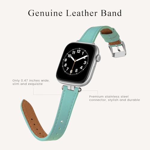 STIROLL Thin Leather Band Compatible with Apple Watch Bands 49mm 46mm 45mm 44mm 42mm (Series 3/2/1) Women, Stylish Top-Grain Leather Strap Slim Wristband for iWatch SE3/2/1 Series 10 9 8 7 6 5 4 Ultra, Cyan Blue/Silver by STIROLL - Image 4