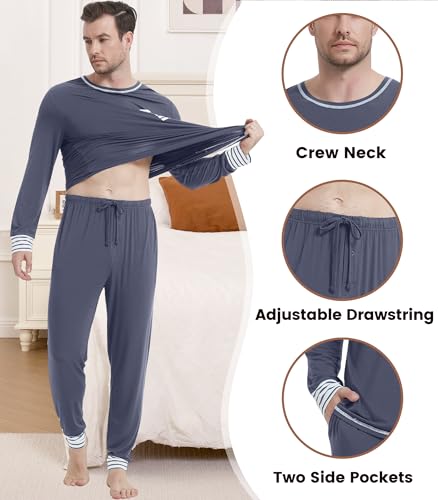Image of NACHILA Mens Pajamas Set Long Sleeve Henley Sleepwear Top Soft Jogger Pants Pajamas Cool Pjs Set,Viscose Made from Bamboo