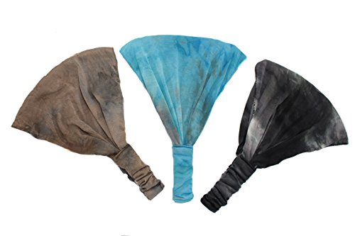 Boho Tie Dye Soft Stretchy Headband Trio Brown, Turquoise Blue, Black.