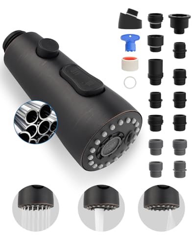 Hygie Rinse Universal Stainless Faucet Head Replacement Pull Down Kitchen Faucet Head with 15 Adapters, 3 Water Modes Kitchen Sink Faucet Sprayer Head, Oil-Rubbed Finish
