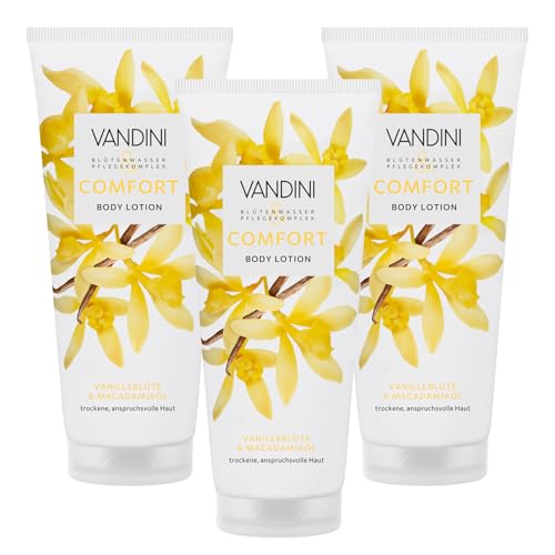 VANDINI 3 lociones corporales Comfort para mujer, 200 ml, con flor de vainilla y aceite de macadamia, loción corporal para pieles secas y exigentes, vegana, sin parabenos ni siliconas, fabricada en