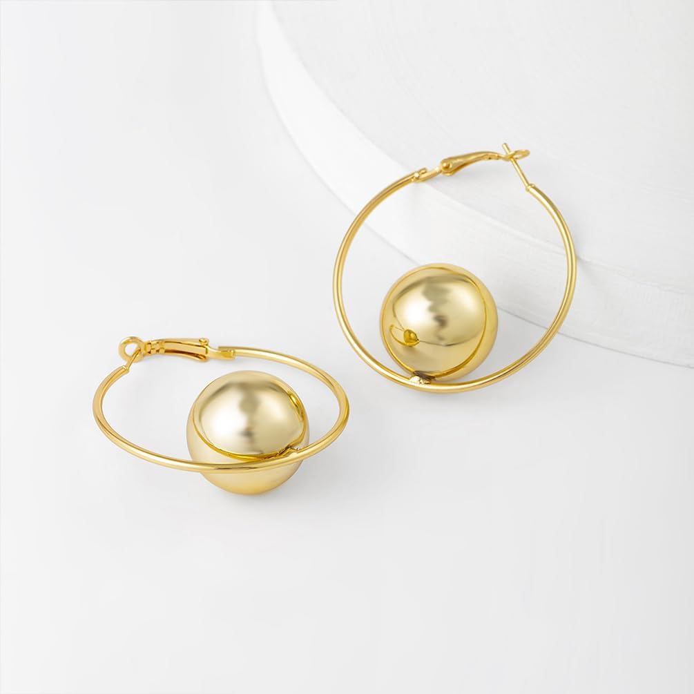 14K Gold Big Ball Drop Hoop Earrings for Women, Statement Silver Circle Large Polished Round Bead Dangle Earring Minimalist Aesthetic Party Jewelry Gift - Image 6