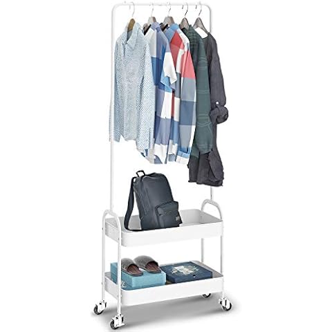KINGRACK 2-in 1 Garment Rack, Clothing Rack with 2 Tier Metal Basket, Rolling Storage Cart Clothes Organizer Coat Rack Storage Stand on Wheels for Home Bedroom Laundry Small Place Entryway, White Cover
