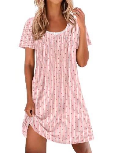 Image of Ekouaer Nightgowns for Women Pleated Sleep Shirts Short Sleeve Night Shirts