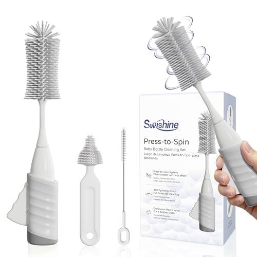 Image of Swishine Baby Bottle Brush Set, Innovative Efficient Press-to-Spin Brush Cleaner - Includes Silicone Bottle Brush, Nipple Brush, Straw Cleaner - Spinning Generates Rich Foam for Deep Cleaning, Gray
