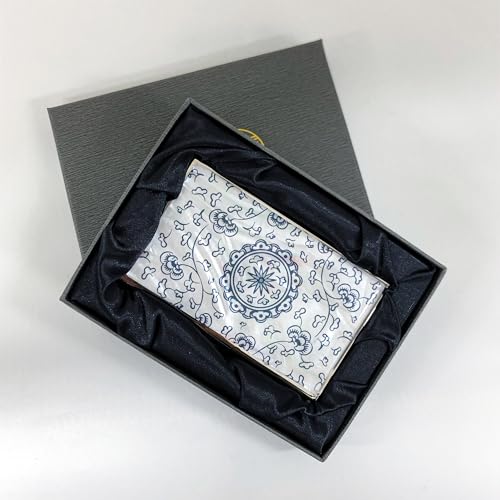 Image of Mother of Pearl Business Card Case Credit Id Name Holder Travel Wallet Art Painting Design Metal Stainless Steel Engraved Slim Purse Pocket Cash Money Wallet (Blue Arabesque)