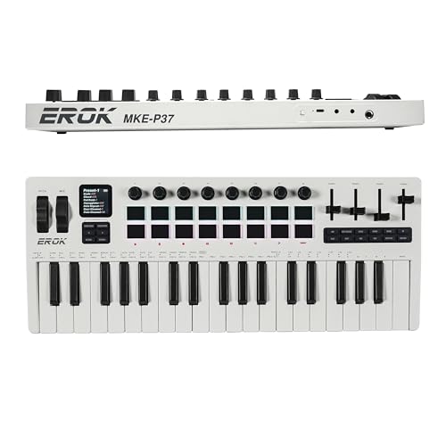 EROK 37 Keys MIDI Keyboard Controller with 3.5mm MIDI Output, 16 Backlit Drum Pads, 8 Knobs, DAW...