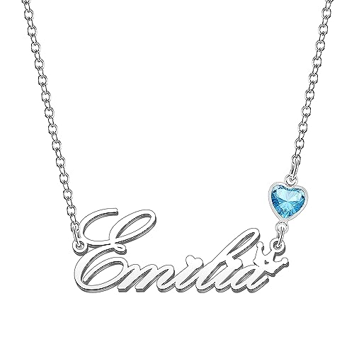 Kraven Damen Kette mit Namen Blauer Geburtsstein-Anhänger Halskette Namenskette Geschenk Personalisiert Damenkette Buchstaben Kette Geschenkidee für Frauen Teenager Mädchen Tochter (Emilia)
