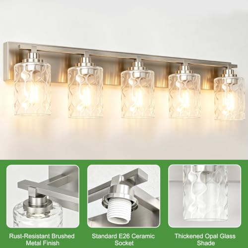 Image of Bathroom Light Fixtures,5-Light Brushed Nickel Vanity Lights Over Mirror | Modern Wall Light,Clear Ripple Glass Shade,Sturdy Metal Frame,For Bathroom Remodel,Easy Install,E26 Socket,ETL-Listed 36-inch