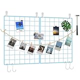 C&AHOME Photo Wall Grid Panel Set of 2, Decor Grid Panel, Photo Display Shelves, Hooks, Clips, Hemp Cord, Hammer, 15.7" 11.8", Blue UWWGM3402L