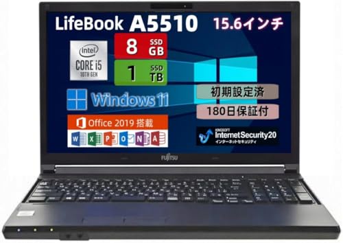 �y�����ςݕi�z�m�[�g�p�\�R�� �x�m�� LIFEBOOK A5510 ��10���� Core i5 Windows 11 &MS Office 2019 ���ڃm�[�gPC 8GB������/SSD 1TB ����15.6�^ HDMI/Type-C/USB3.0/Wi