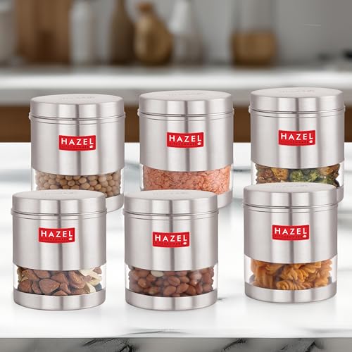 Image of HAZEL Transparent Kitchen Containers Set of 6 | 700ml Airtight Stainless Steel Transparent Storage Jars | Multipurpose Glossy Steel Organizer