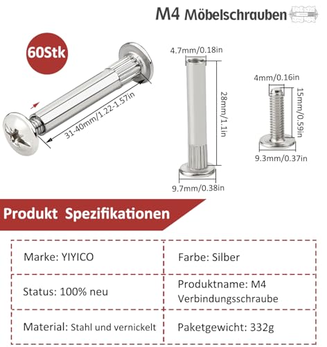 Möbelverbindungsschrauben Schrankverbinder Möbelverbinder Schrauben 60Stk M4 x 31-40mm Möbelschrauben Stahl Vernickelt Hülsenschrauben