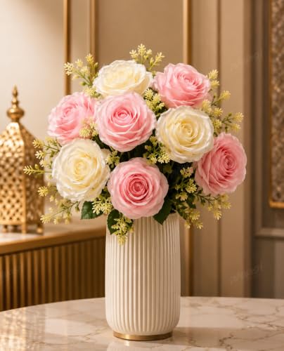 Image of Divyakosh Artificial Flowers Bunch (Vase Not Included). Artificial Flower for Vase, 8 Head Blush Pink & Cream Rose Arrangement, Luxury Floral Centerpiece for Living Room Dining Table Office Decor