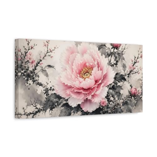 Tableau pivoines rose au-dessus du canapé pour un salon moderne et chaleureux