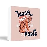 FISWAFY Funky Tiger Wash Your Paws Bathroom Decor Sign, Bathroom Shelf Decor, Small Bathroom Decor for Shelves, Retro Bathroom Signs Decor, 5x5 Inch