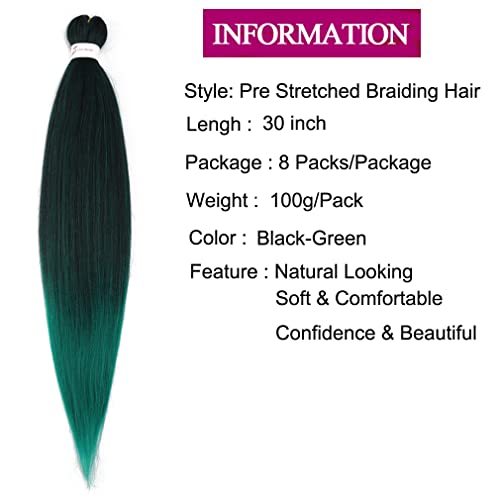 Pre Stretched Braiding Hair 30 Inch 8 Packs Professional Hair Extensions Synthetic Braid Hair Crochet Braids Soft Yaki Texture Hot Water Setting(30",Mixed Black & Green) #TOP4