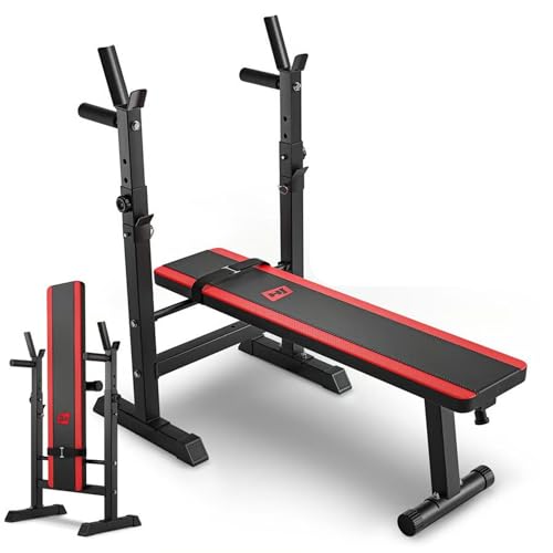 HOP-SPORT® Banc de Musculation Plat, Pliable et Inclinable HS-1080 avec Support de Barres, Banc d'Entraînement Multifonction avec Chandelles Réglables pour...
