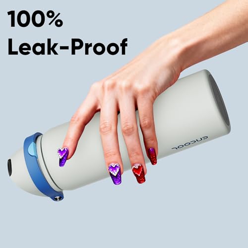 Image of Insulated Water Bottle with Straw - Encool Stainless Steel Water Bottle with Push Button Lid, Leak-Proof & BPA-Free, Keeps Cold for 24 Hours for Sports, Travel, Gym (32 oz, Quill Grey-Blue)