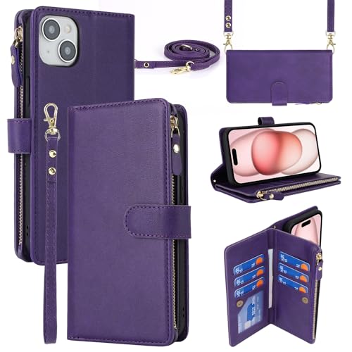 iCoverCase for iPhone 15 Crossbody Case with Strap, Wallet Phone Case Card Holder [Not Detachable] PU Leather Kickstand Zipper Lanyard Case for iPhone 15 6.1