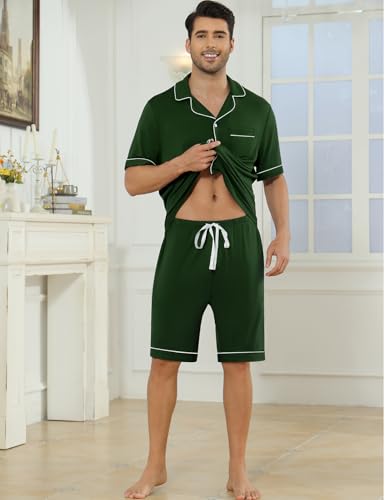Image of Veseacky Men's Button Down Pajama Set Short Sleeve Shorts Modal Soft Sleepwear Loungewear Pjs with Pockets S-XXL