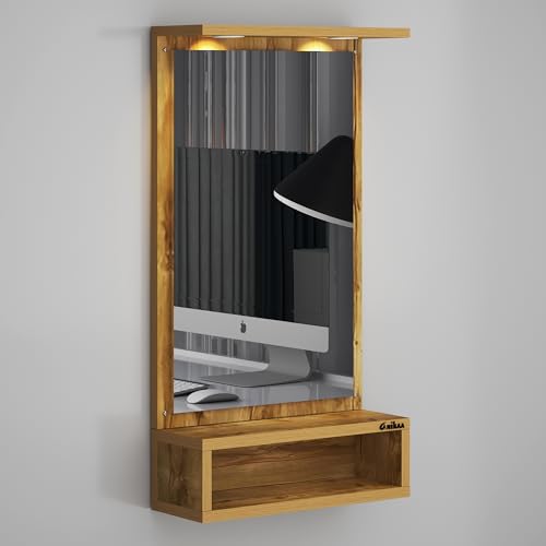 Image of Anikaa Jinny LED Light Wall Hanging Dressing Mirror Home Decor Wall Mirror Decorative Wall Mirror for Living Room Bedroom - Gaintwood (D.I.Y - Do-It-Yourself), Rectangular, Brown