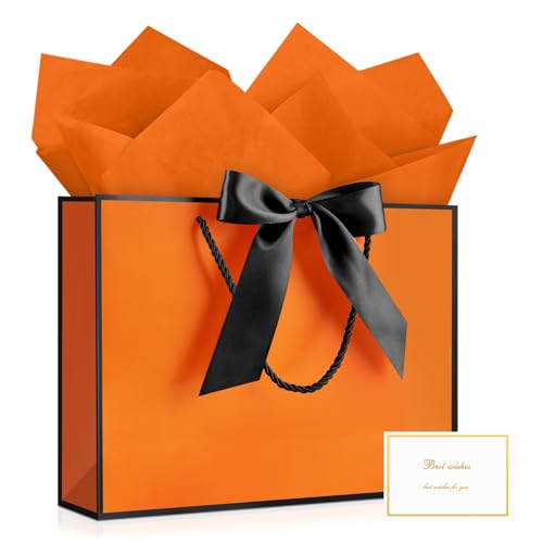 YoungTree Gift Bags with Handles 12.6 Medium Gift Bag with 2 Tissue Paper and 1 Card for Graduation Wedding Baby Shower Bridal Shower Engagement Birthday Party Supplies (Orange-Black)