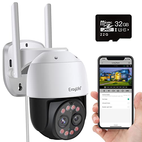 8X Zoom Caméra Surveillance WiFi Extérieure, ErayLife 2K 4MP Double-Objectif Caméra, Détecteur de Mouvement, Suivi Automatique, Pan 355° Tilt 90°, Vision Nocturne Couleur, Audio Bidirectionnel, IP66 Cover