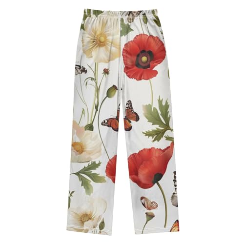 Poppy Flowers Butterfly Boys Long Pants Soft Trousers Elastic Waist Kids Lounge Bottoms with Pockets S-XL2