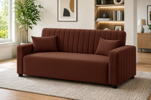 Image of Modern 3 Seater Sofa | Vertical Channel Tufted Backrest & Armrests | Plush Cushioned Seating | Contemporary Upholstered Couch for Living Room, Bedroom & Office - Brown Color