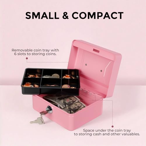Image of Small Cash Box with Money Tray and Lock, Metal Cash Lock Box with Key, Petty Cash Box for Money 5.9 x 4.7 x 3.1 Inches Pink