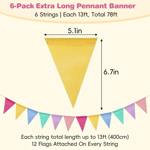 Image of Pastel Pennant Banner Flags - 6 Strings 78ft Colorful Triangle Bunting Burlap for Birthday, Classroom, Graduation, Party, Carnival, Back to School & Outdoor Decorations