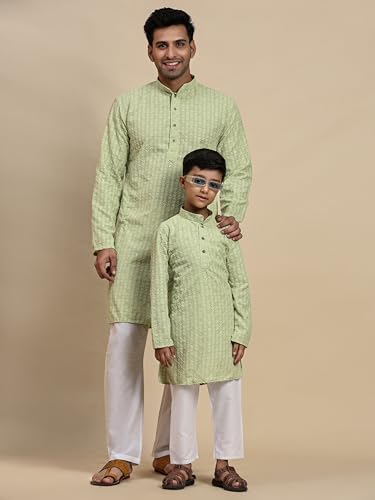 Image of Pro-Ethic Style Developer Men Silk Striped Father Son Matching Ethnic Wear Embroidery Mirror Work Kurta Pyjama Set |(Combo)B-117