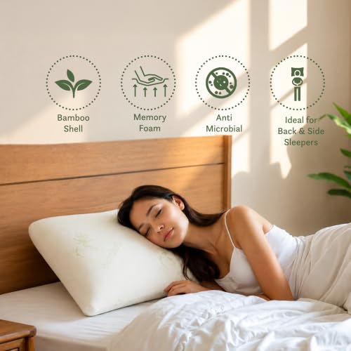 Image of MYTRIDENT Classic Bamboo Memory Foam Pillow for Better Sleep, 1 Piece Standard Size 43 cm x 69 cm - White