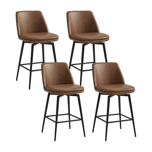 Image of CHITA Swivel Bar Stools, 27.2 inch Counter Height Bar Stools Set of 4, FSC Certified Upholstered Modern Counter Stools, Metal Legs, Faux Leather, Saddle Brown