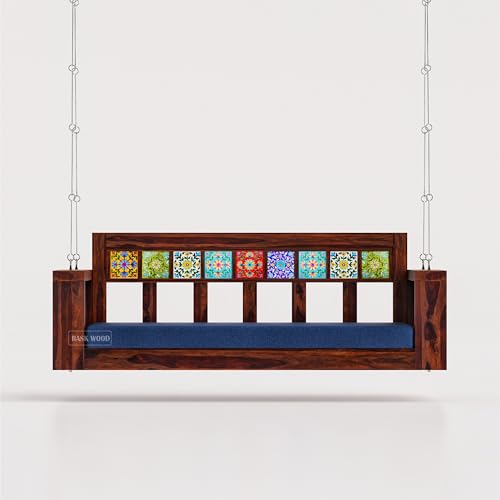 Image of Wooden Swing for Balcony | House Swings for Living Room | Wooden Hammock Swing Sofa with Chain & Complete Accessories for Indoor, Outdoor, Balcony & Garden | Sheesham Wood, Walnut Finish