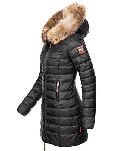 MARIKOO Damen Wintermantel warmer Steppmantel lang mit Kapuze und abnehmbarem Kunstfell-Kragen Rose Schwarz Gr. XL