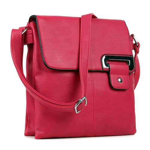 Image of AOSSTA Women's Cross Body Shoulder Messenger Bag Multiple Slip and Zip Pockets Handbag with Storage Pocket Adjustable Strap (Red)