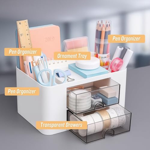 Image of Desk Organizer with 2 Drawers | Multi-Functional Stationery Holder for Office, Study Table, Home | 5 Compartment Pen, Pencil, Marker Storage Box for School & Art Supplies (White)