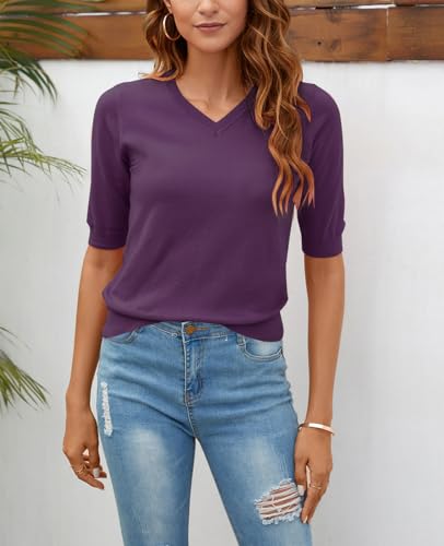Image of Women Summer Knit Shirt Blouse V Neck Short Sleeve Pullover Sweater Tops